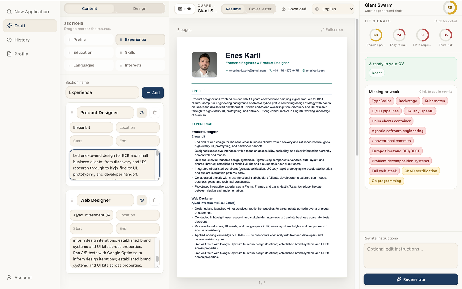 Generated CV shown beside editable source content and job-fit suggestions